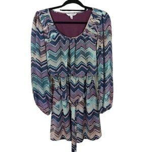 Speechless Chevron Print Long Sleeve Dress Multicolor Elastic Waist Tie Belt